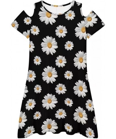 Women Cute Print Summer Cold Shoulder Flowy T-Shirt Dress Sexy Short Dresses Black White Daisy $10.61 Dresses