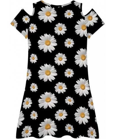 Women Cute Print Summer Cold Shoulder Flowy T-Shirt Dress Sexy Short Dresses Black White Daisy $10.61 Dresses