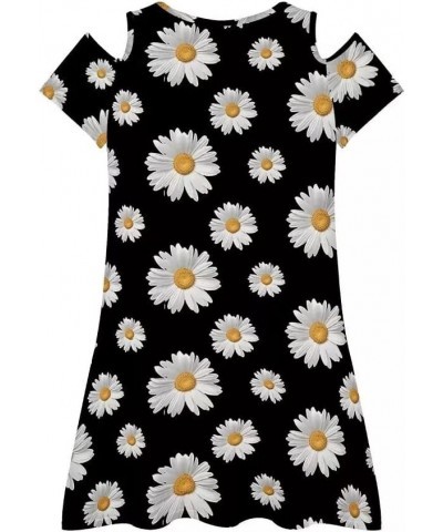 Women Cute Print Summer Cold Shoulder Flowy T-Shirt Dress Sexy Short Dresses Black White Daisy $10.61 Dresses