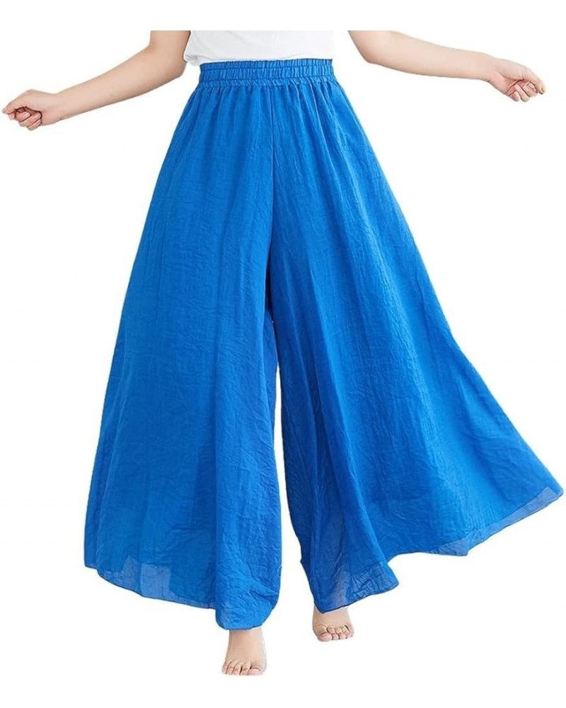 Womens Flowy Elastic High Waisted Wide Leg Pants Casual Palazzo Linen Pants Culottes Royal Blue $12.99 Pants