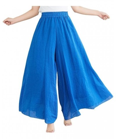 Womens Flowy Elastic High Waisted Wide Leg Pants Casual Palazzo Linen Pants Culottes Royal Blue $12.99 Pants