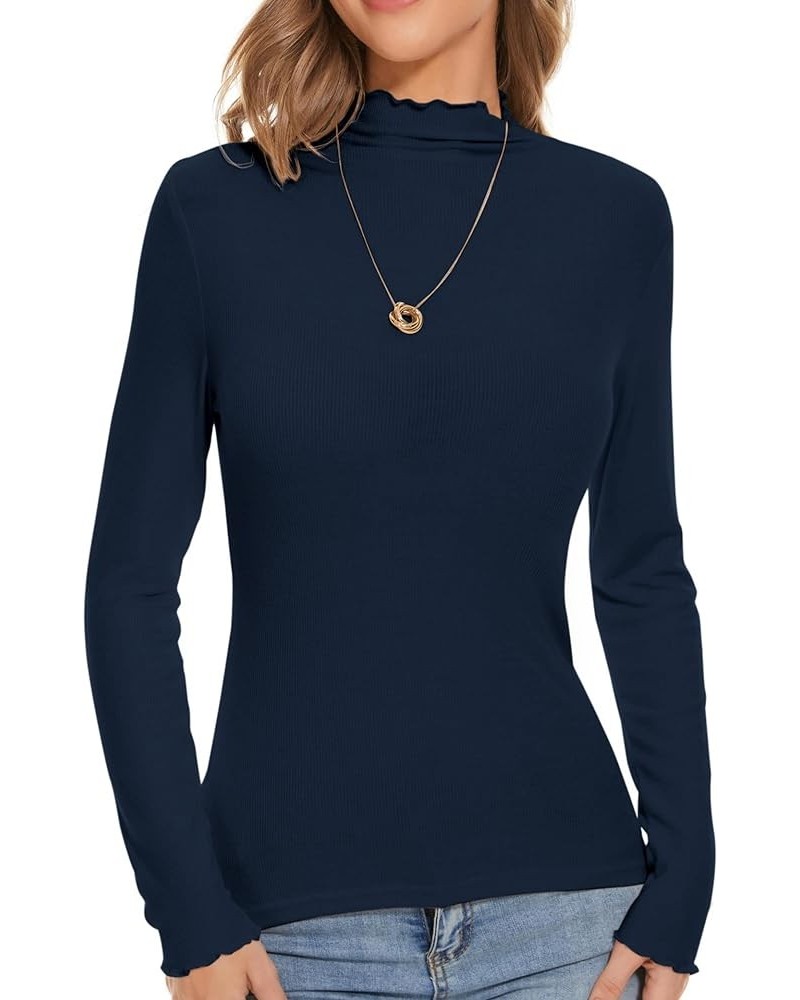 Turtleneck Women Ruffle Ribbed Lettuce Trim Turtle Necks Going Out Tops Long Sleeve Shirts Navy $8.39 T-Shirts