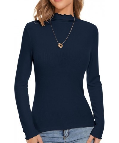 Turtleneck Women Ruffle Ribbed Lettuce Trim Turtle Necks Going Out Tops Long Sleeve Shirts Navy $8.39 T-Shirts