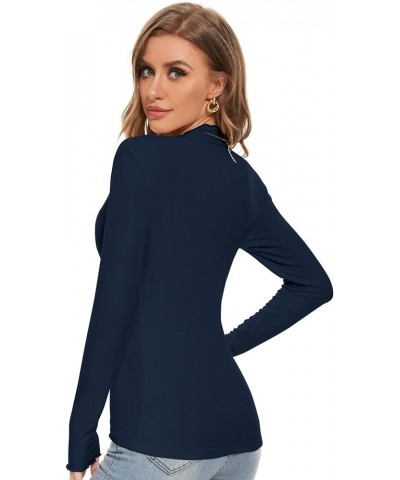 Turtleneck Women Ruffle Ribbed Lettuce Trim Turtle Necks Going Out Tops Long Sleeve Shirts Navy $8.39 T-Shirts