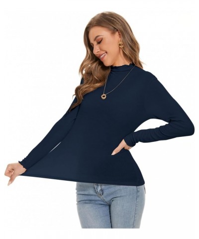 Turtleneck Women Ruffle Ribbed Lettuce Trim Turtle Necks Going Out Tops Long Sleeve Shirts Navy $8.39 T-Shirts