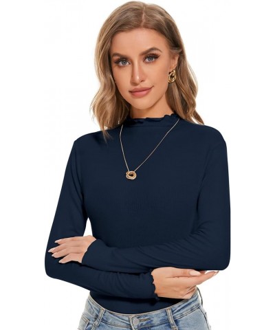 Turtleneck Women Ruffle Ribbed Lettuce Trim Turtle Necks Going Out Tops Long Sleeve Shirts Navy $8.39 T-Shirts