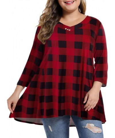 Womens Plus Size 3/4 Sleeve V Neck Button Casual Loose Flowy Swing Tunic Tops Basic （ Flower43,3x） Plaid Red $13.99 Tops