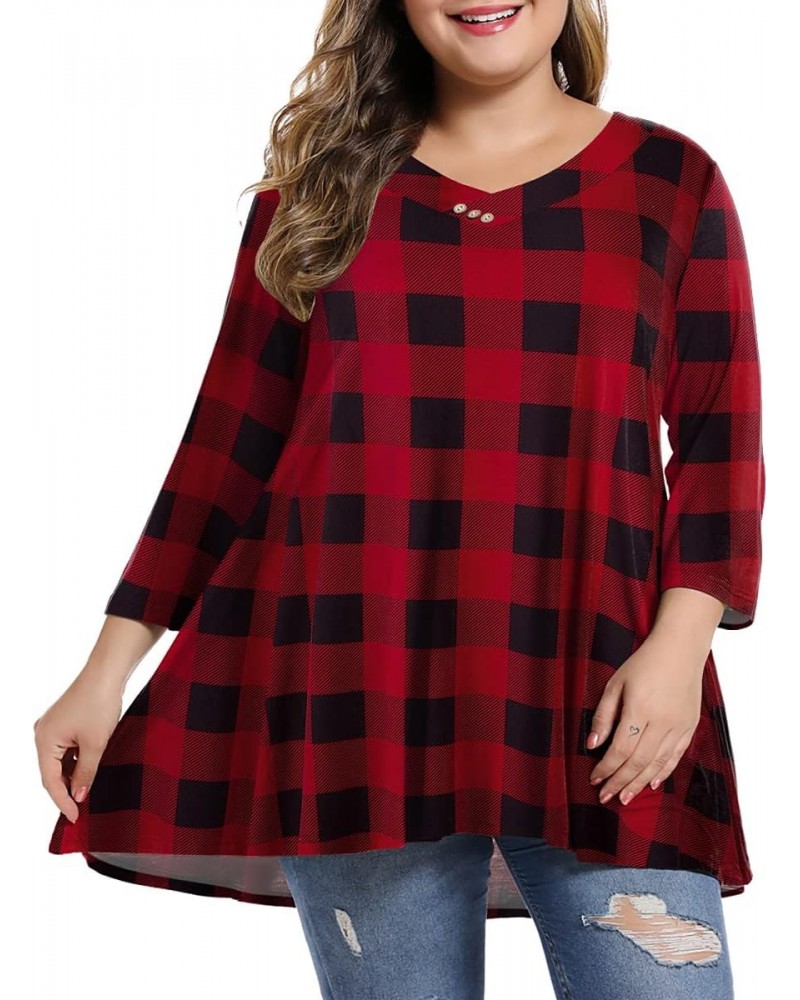 Womens Plus Size 3/4 Sleeve V Neck Button Casual Loose Flowy Swing Tunic Tops Basic （ Flower43,3x） Plaid Red $13.99 Tops