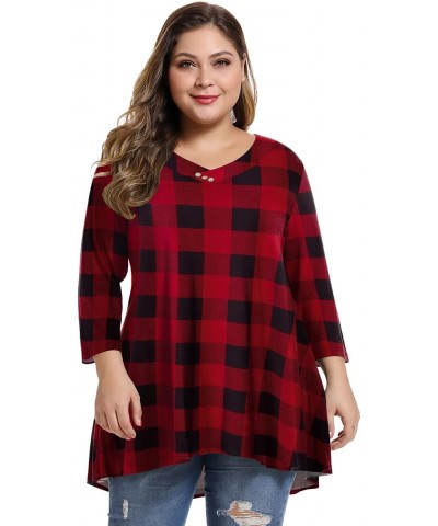 Womens Plus Size 3/4 Sleeve V Neck Button Casual Loose Flowy Swing Tunic Tops Basic （ Flower43,3x） Plaid Red $13.99 Tops