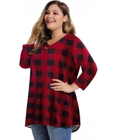 Womens Plus Size 3/4 Sleeve V Neck Button Casual Loose Flowy Swing Tunic Tops Basic （ Flower43,3x） Plaid Red $13.99 Tops