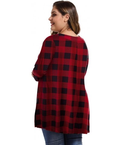 Womens Plus Size 3/4 Sleeve V Neck Button Casual Loose Flowy Swing Tunic Tops Basic （ Flower43,3x） Plaid Red $13.99 Tops