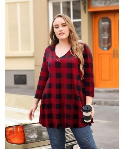 Womens Plus Size 3/4 Sleeve V Neck Button Casual Loose Flowy Swing Tunic Tops Basic （ Flower43,3x） Plaid Red $13.99 Tops