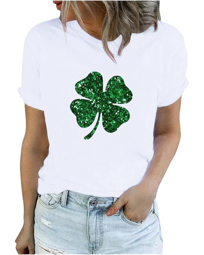 St Patricks Day Womens Short Sleeve Tops and Blouses Shamrock Short Sleeve Round Neck Clover Printed Tshirt 01-white $6.10 Bl...