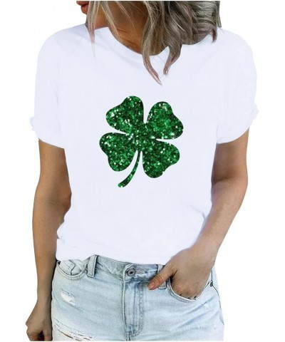 St Patricks Day Womens Short Sleeve Tops and Blouses Shamrock Short Sleeve Round Neck Clover Printed Tshirt 01-white $6.10 Bl...