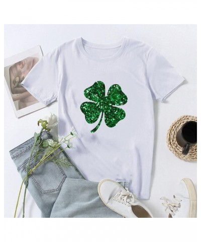 St Patricks Day Womens Short Sleeve Tops and Blouses Shamrock Short Sleeve Round Neck Clover Printed Tshirt 01-white $6.10 Bl...