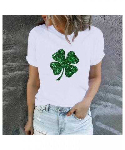 St Patricks Day Womens Short Sleeve Tops and Blouses Shamrock Short Sleeve Round Neck Clover Printed Tshirt 01-white $6.10 Bl...