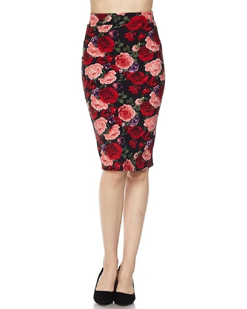 Women's High Waisted Pencil Skirt with Back Slit Floral Red $10.45 Skirts