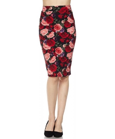 Women's High Waisted Pencil Skirt with Back Slit Floral Red $10.45 Skirts