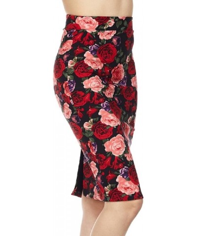 Women's High Waisted Pencil Skirt with Back Slit Floral Red $10.45 Skirts