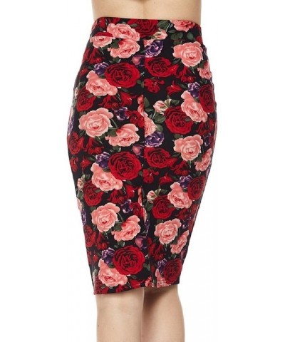 Women's High Waisted Pencil Skirt with Back Slit Floral Red $10.45 Skirts