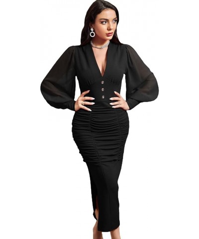 Women's Bodycon Ruched Split Slim Deep V Neck Long Lantern Sleeve Button Midi Cocktail Wedding Guest Formal Dress Black $12.2...