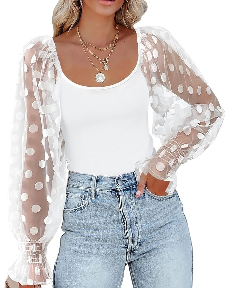 Women's Square Neck Puff Long Sleeve Bodysuit Off Shoulder Leotard Sheer Polka Dot Sleeve Top Mesh-white $12.60 Lingerie