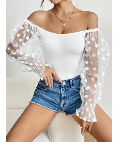 Women's Square Neck Puff Long Sleeve Bodysuit Off Shoulder Leotard Sheer Polka Dot Sleeve Top Mesh-white $12.60 Lingerie