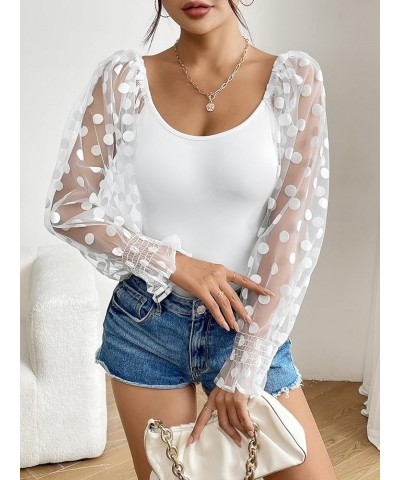 Women's Square Neck Puff Long Sleeve Bodysuit Off Shoulder Leotard Sheer Polka Dot Sleeve Top Mesh-white $12.60 Lingerie