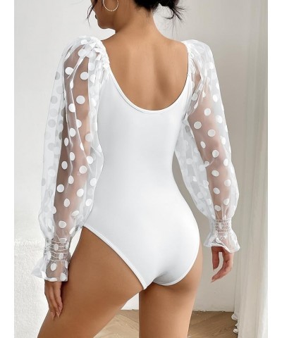 Women's Square Neck Puff Long Sleeve Bodysuit Off Shoulder Leotard Sheer Polka Dot Sleeve Top Mesh-white $12.60 Lingerie