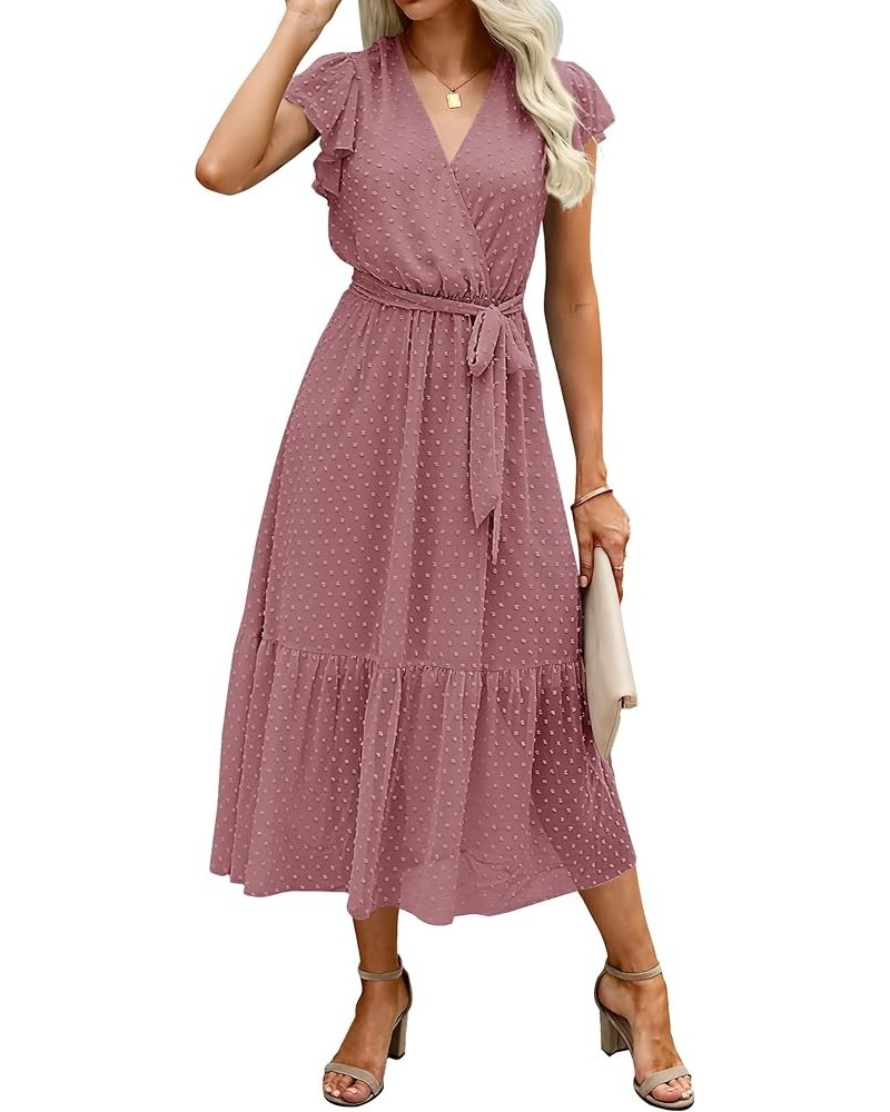 Women Summer Bohemian Floral Casual Wrap V Neck Ruffle Cap Sleeveless Belt A-Line Pleated Hem Midi Sun Dress White Swiss Dot ...