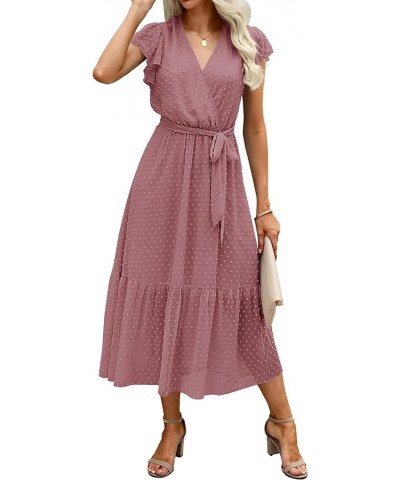 Women Summer Bohemian Floral Casual Wrap V Neck Ruffle Cap Sleeveless Belt A-Line Pleated Hem Midi Sun Dress White Swiss Dot ...