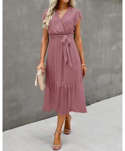 Women Summer Bohemian Floral Casual Wrap V Neck Ruffle Cap Sleeveless Belt A-Line Pleated Hem Midi Sun Dress White Swiss Dot ...