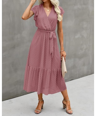 Women Summer Bohemian Floral Casual Wrap V Neck Ruffle Cap Sleeveless Belt A-Line Pleated Hem Midi Sun Dress White Swiss Dot ...