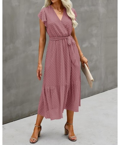 Women Summer Bohemian Floral Casual Wrap V Neck Ruffle Cap Sleeveless Belt A-Line Pleated Hem Midi Sun Dress White Swiss Dot ...