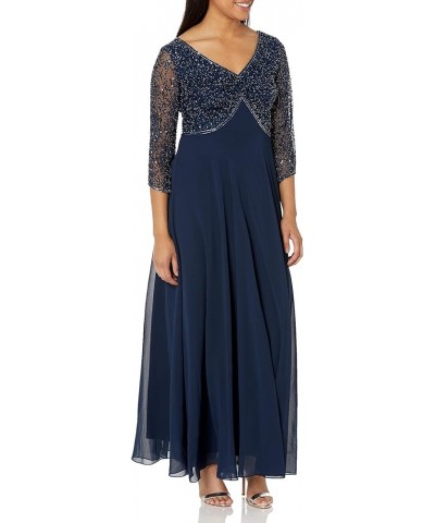 Women's 3/4 Sleeve V-Neck Beaded Top Long Gown Navy/Mercury $41.31 Dresses