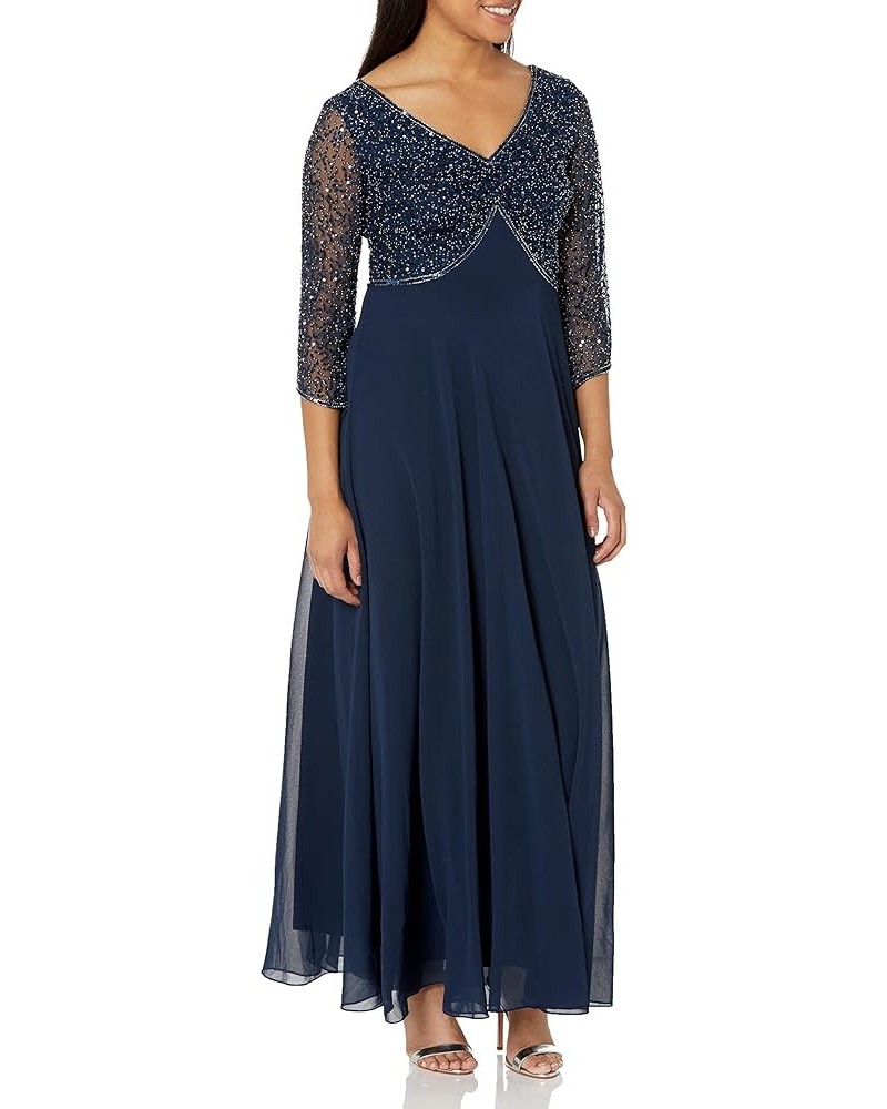 Women's 3/4 Sleeve V-Neck Beaded Top Long Gown Navy/Mercury $41.31 Dresses