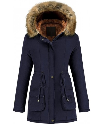 Women's Winter Coat Hooded Warm Puffer Quilted Thicken Parka Jacket with Fur Trim Navy $31.20 Jackets