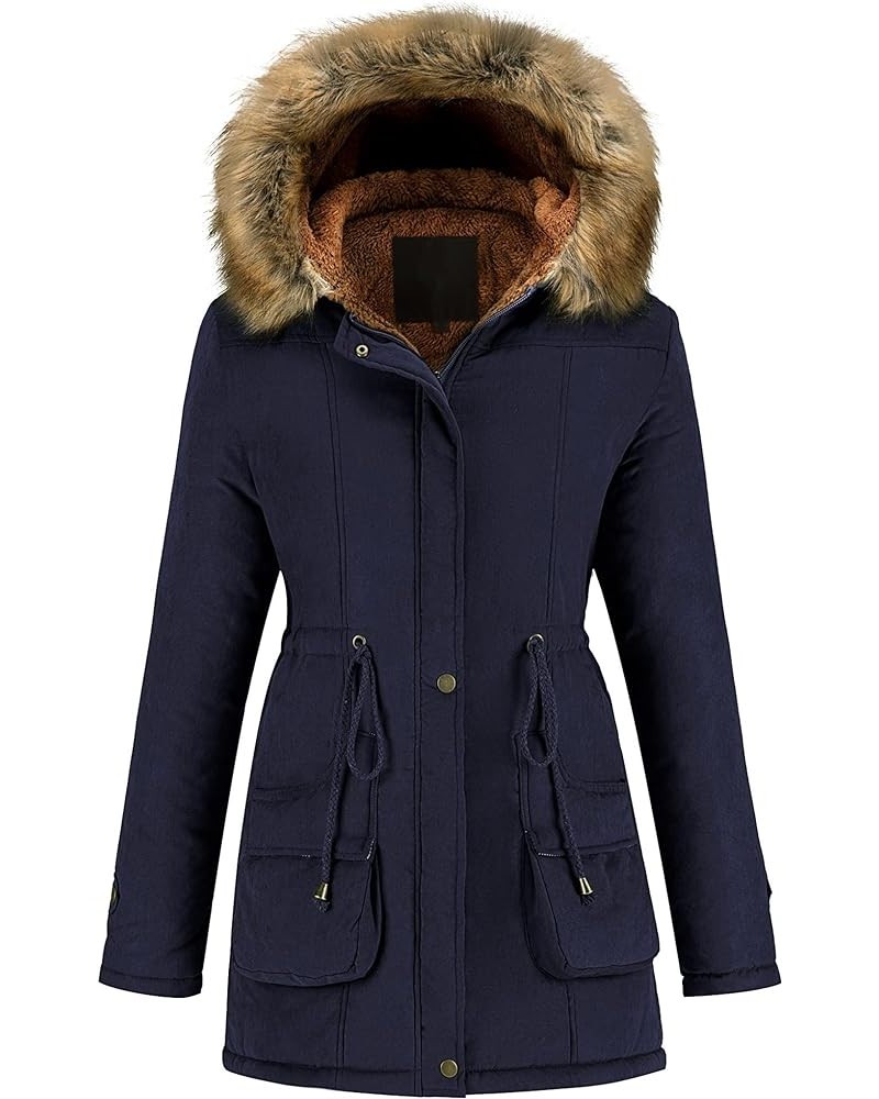 Women's Winter Coat Hooded Warm Puffer Quilted Thicken Parka Jacket with Fur Trim Navy $31.20 Jackets