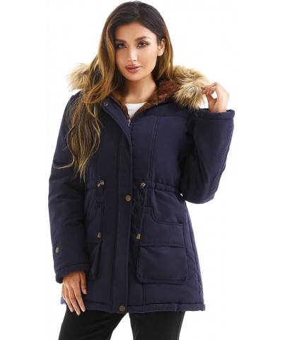 Women's Winter Coat Hooded Warm Puffer Quilted Thicken Parka Jacket with Fur Trim Navy $31.20 Jackets