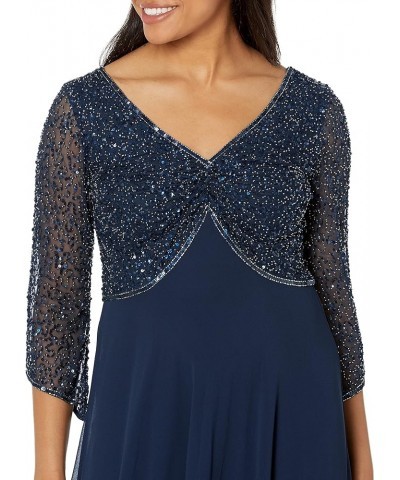 Women's 3/4 Sleeve V-Neck Beaded Top Long Gown Navy/Mercury $41.31 Dresses