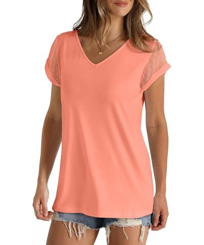 Womens Tops Summer V Neck T Shirts Swiss Dot Cap Sleeve Tops Loose Casual Blouses 073-coral $10.50 T-Shirts