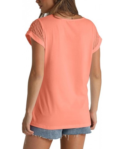 Womens Tops Summer V Neck T Shirts Swiss Dot Cap Sleeve Tops Loose Casual Blouses 073-coral $10.50 T-Shirts