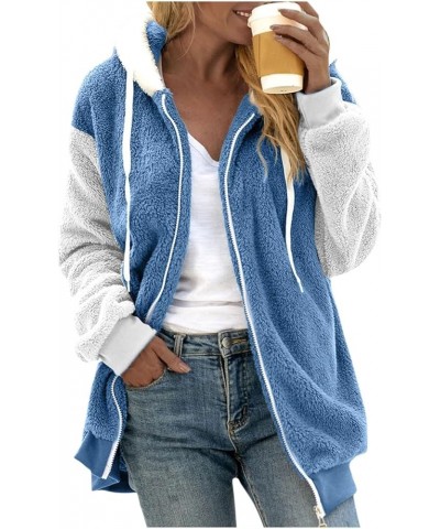 Winter Fuzzy Fleece Jacket Women Oversized Fur Warm Full Zip Hoodie Coat Sherpa Jacket Shaggy Teddy Outwear w/Pockets W08-blu...