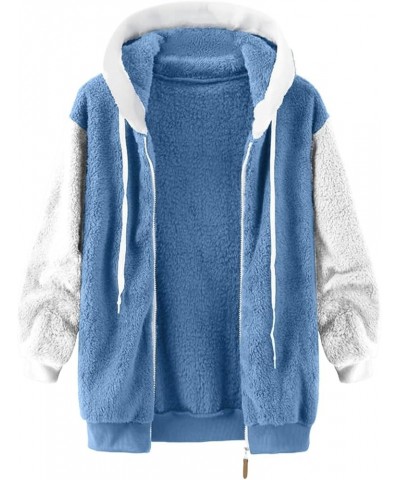 Winter Fuzzy Fleece Jacket Women Oversized Fur Warm Full Zip Hoodie Coat Sherpa Jacket Shaggy Teddy Outwear w/Pockets W08-blu...