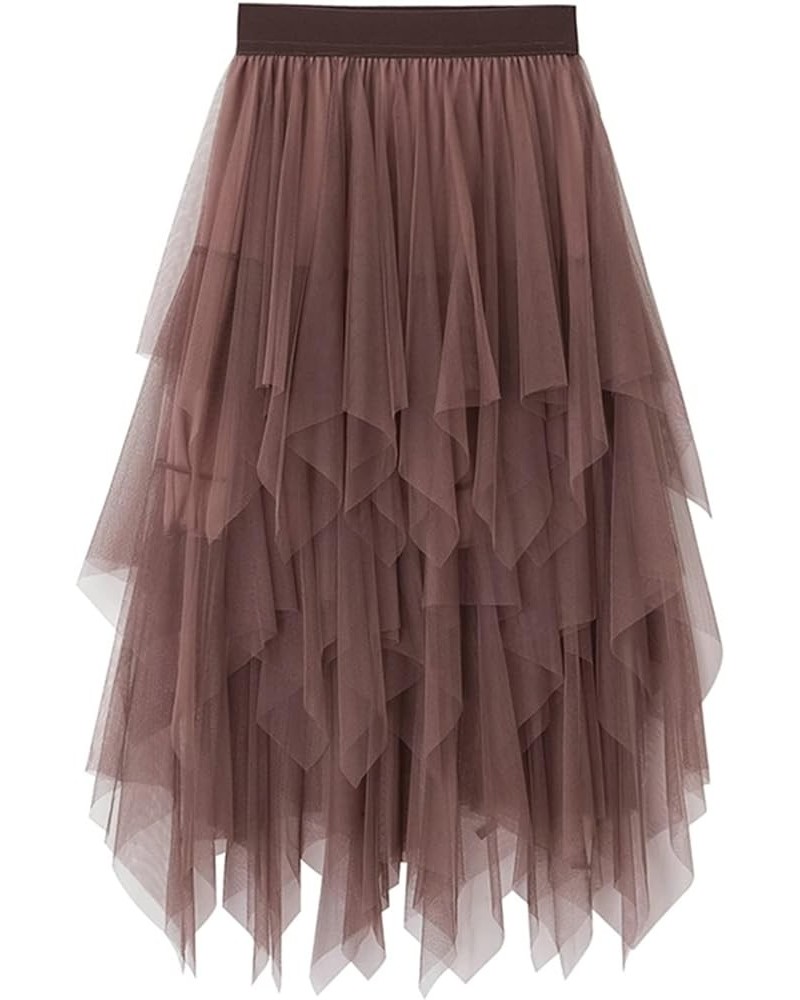 Women's Asymmetrical Tulle Midi Skirt Patchwork Color Mesh Elastic High Waist Layered A-Line Tutu Club Party Skirt Mesh Brown...