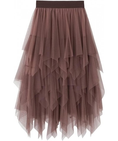 Women's Asymmetrical Tulle Midi Skirt Patchwork Color Mesh Elastic High Waist Layered A-Line Tutu Club Party Skirt Mesh Brown...