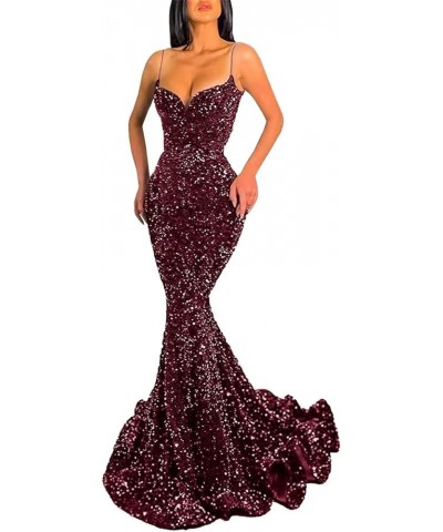 Women's Sparkly Sequin Prom Dresses Long Mermaid V Neck Backless Formal Evening Gowns with Train A-burgundy $33.32 Dresses