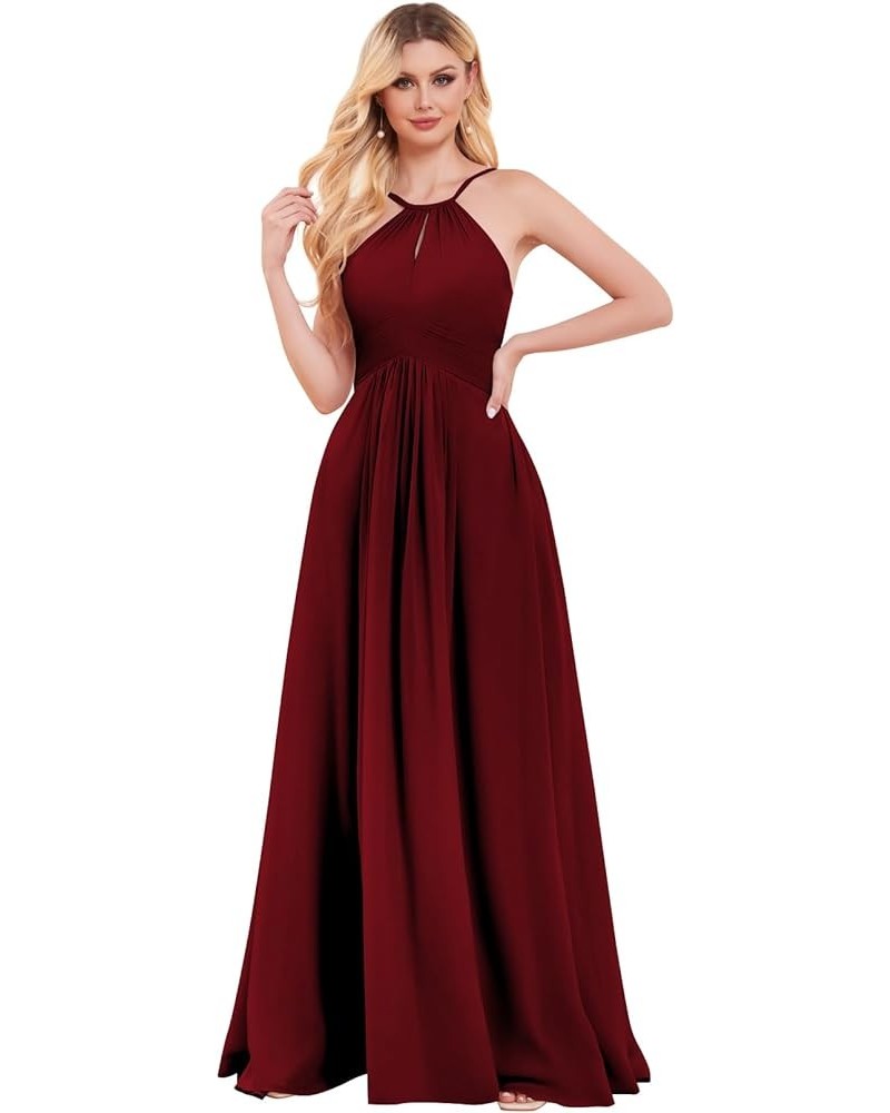 Women's Halter Bridesmaid Dresses with Pockets A Line Chiffon Pleats Long Slit Formal Evening Prom Dress Burgundy $33.59 Dresses