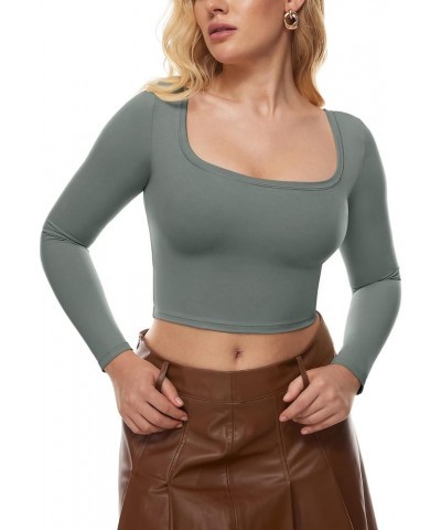 Women's Natrelax Square Neck Long Sleeve Crop Top Sexy Slim Fitted Basic Stretchy T Shirts Tops Grey Sage $19.60 T-Shirts