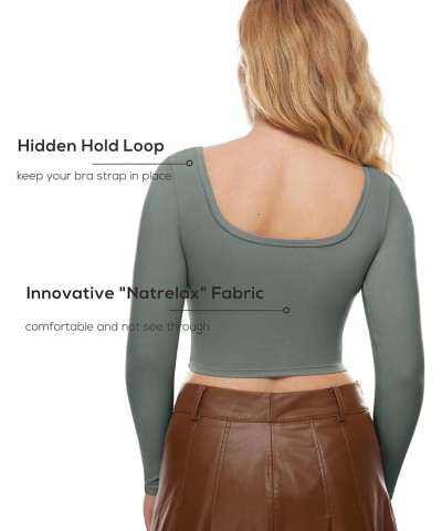 Women's Natrelax Square Neck Long Sleeve Crop Top Sexy Slim Fitted Basic Stretchy T Shirts Tops Grey Sage $19.60 T-Shirts